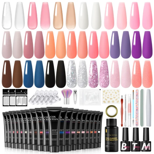 Nail Kit Set Poly Gel 20PCS With Slip Solution, Base & Top Coat