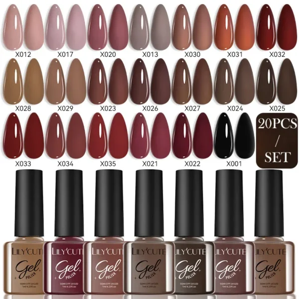 LILYCUTE 20Pcs Autumn Red Brown Gel Nail Polish Kit Varnish Set