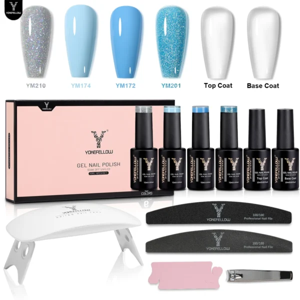 YOKEFELLOW Gel Nail Kit with Base & Top Coat - Classic Color Soak Off UV LED