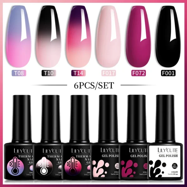 LILYCUTE 6PCs Thermal Gel Nail Kit - Temperature Changing Soak Off
